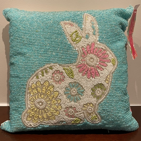 Blue beaded bunny Easter pillow - Picture 2 of 7